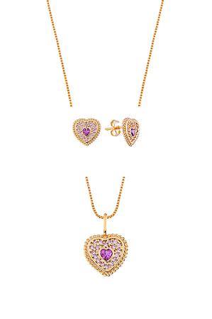 Conjunto colar e brincos coração cravejado