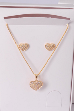 Conjunto colar e brincos coração cravejado