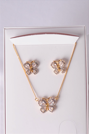 Conjunto colar e brincos borboleta cravejada