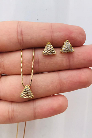 Conjunto colar e brincos triangulo cravejado