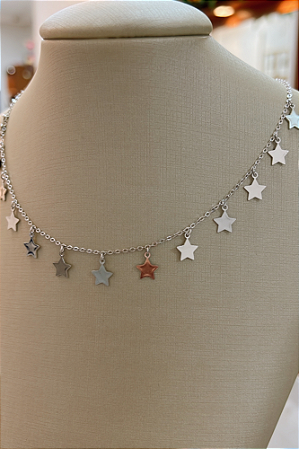 Colar corrente mini elo com pingente de estrelas 40 cm + 8 cm extensor