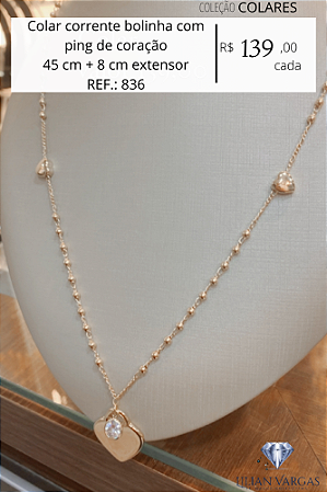 Colar corrente bolinha com ping de coração 45 cm + 8 cm extensor