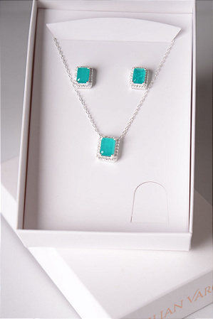 Conjunto colar e brinco pedra verde, prata 925
