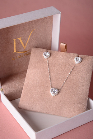 Conjunto coração cravejado prata