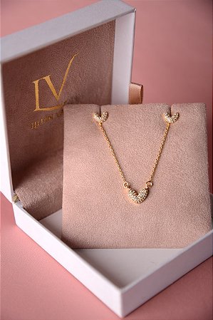Conjunto colar e brincos coração cravejado