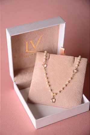 Colar infantil pérolas coração cristal