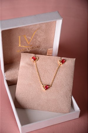 Conjunto colar e brinco com coração vermelho