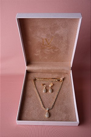 Conjunto colar e brinco gota cravejada