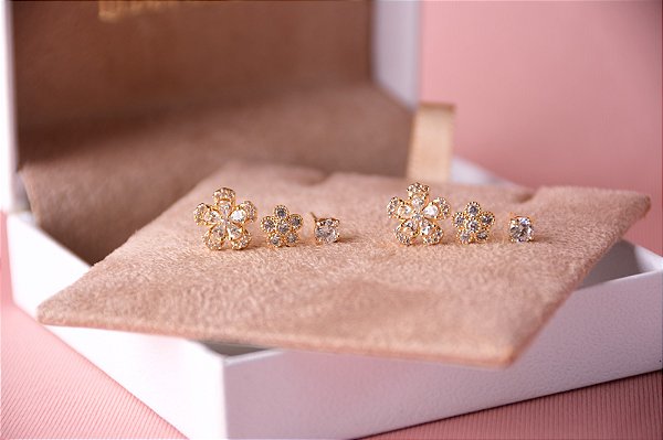 Trio de brincos flores cristal