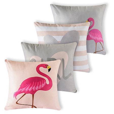 Kit 4 capas de Almofada Suede 40x40 Flamingos Cinza Velvet