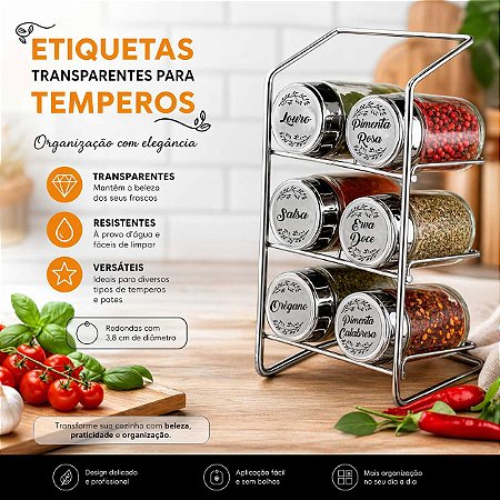 Etiquetas transparentes redondas de temperos - 35 unidades
