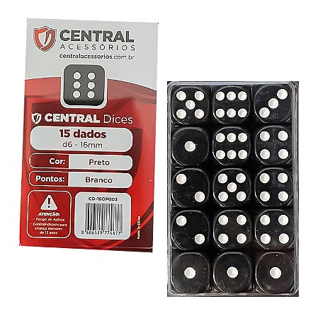 Central - Conjunto de dados D6 Preto (16mm - 15 dados)