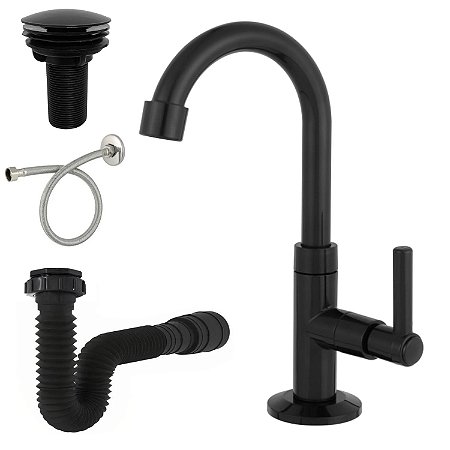 Kit Torneira Lavatório Banheiro Válvula Click Sifão Flexível Black