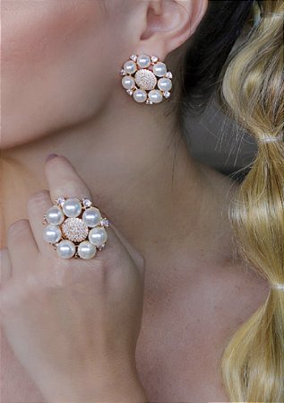 Conjunto Brinco e Anel Pérolas Cravejado