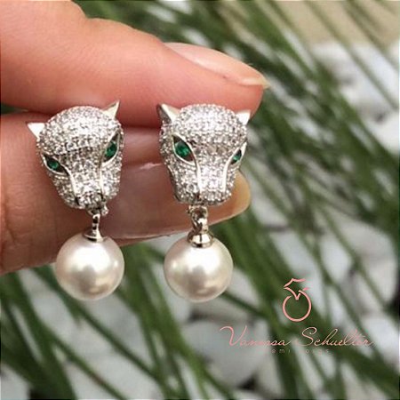 Brincos Pantera Cravejados com Pérolas
