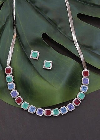 Conjunto Chocker Pedras Coloridas