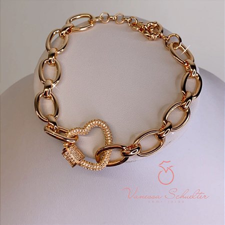 Pulseira Elo Pingente Coração Cravejado