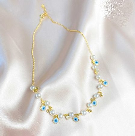 Choker olho grego e pérola - Dourada!