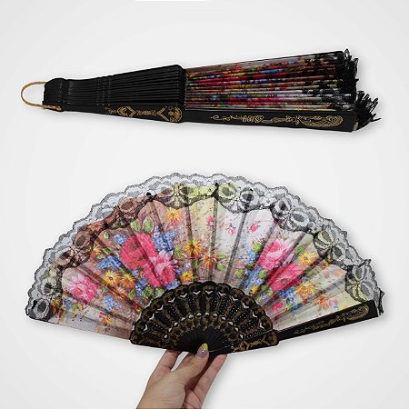 Leque de Mão em Renda e Tecido de Estampa de Flores Sortidas