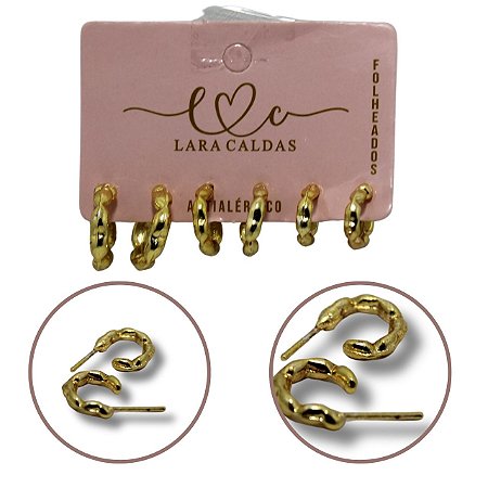 Cartela com 3 Brincos com Formato Argola de Corda - Dourado