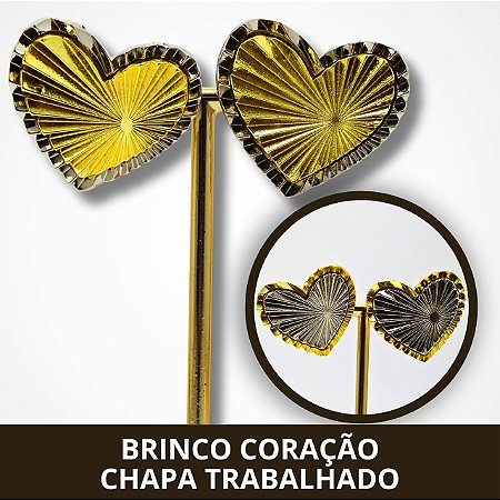 Brinco Coração Chapa Trabalhado - Prata e Dourado