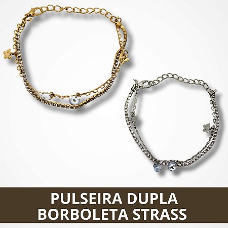 Pulseira Dupla de Borboleta - Dourado e Prata