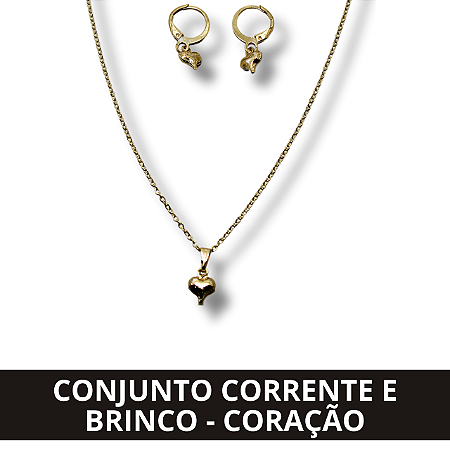 Conjunto Corrente e Brinco - Coração Dourado
