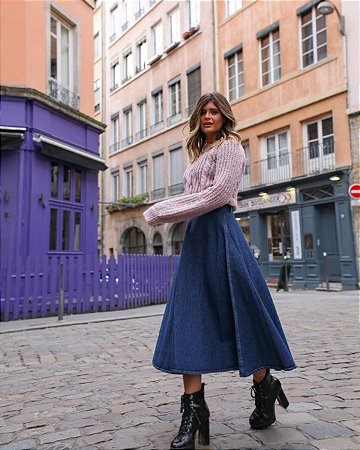 saia jeans longa evase