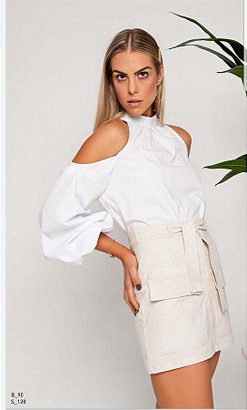 Blusa Camilla Costa ombro vazado tricoline manga longa branca