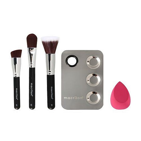 Macrilan - Kit Pinceis Com 3 Unidades + 1 Esponja + 1 Placa de Maquiagem KP10-1