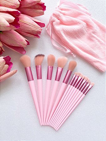 Kit de Pincéis C/ 13un + Saquinho de Veludo Rosa