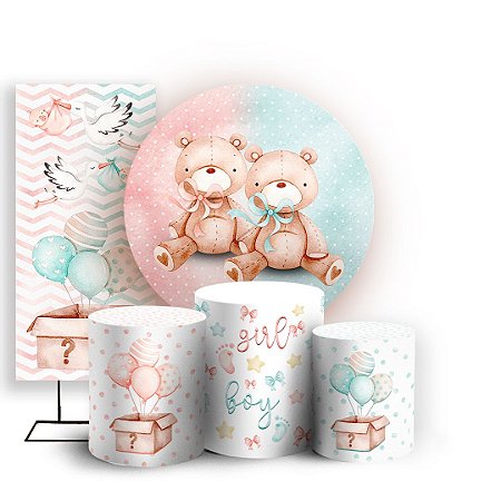 Capas Painel Redondo Trio Cilindro e Faixa Lateral Sublimado - Ursinhos Chá Revelação