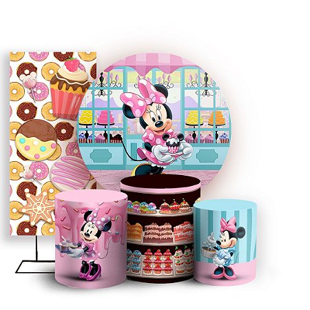 Capas Painel Redondo Trio Cilindro e Faixa Lateral Sublimado - Minnie Confeiteira