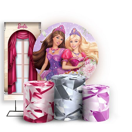 Capas Painel Redondo Trio Cilindro e Faixa Lateral Sublimado - Barbie O Castelo de Diamante