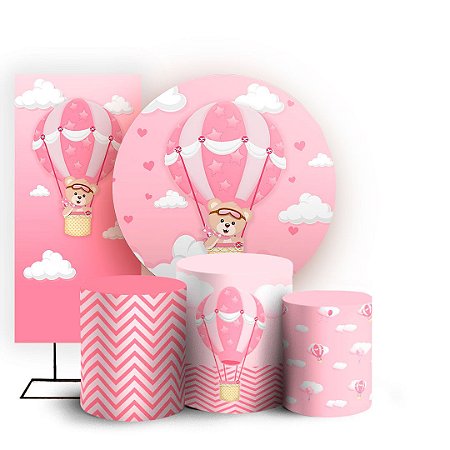 Capas Painel Redondo Trio Cilindro e Faixa Lateral Sublimado - Ursinha Baloeira Rosa