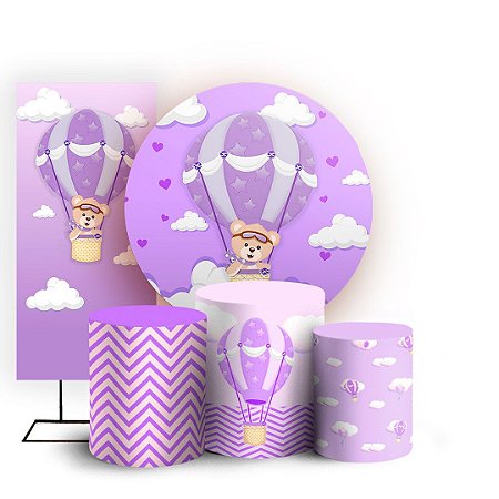 Capas Painel Redondo Trio Cilindro e Faixa Lateral Sublimado - Ursinha Baloeira Lilás