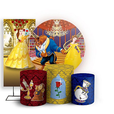 Capas Painel Redondo Trio Cilindro e Faixa Lateral Sublimado - A Bela e a Fera