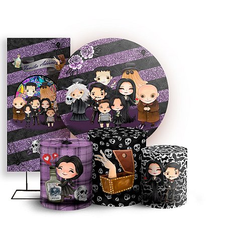 Capas Painel Redondo Trio Cilindro e Faixa Lateral Sublimado - Familia Addams Cute
