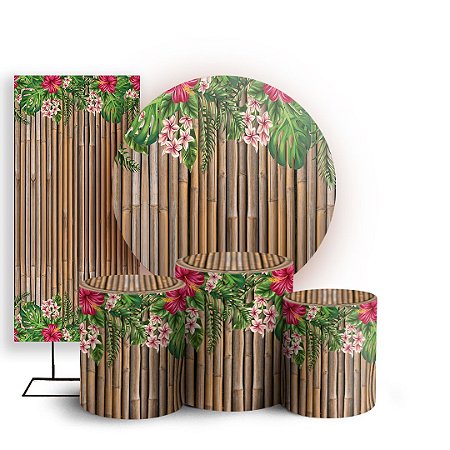 Capas Painel Redondo Trio Cilindro e Faixa Lateral Sublimado - Bambu florido