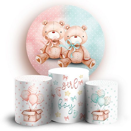 Capas Painel Redondo e Trio Cilindro Sublimado -  Ursinhos Chá Revelação