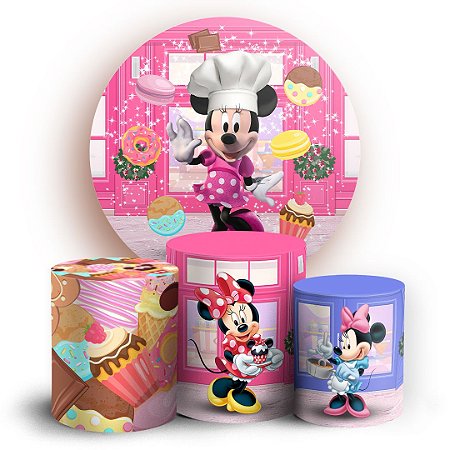 Capas Painel Redondo e Trio Cilindro Sublimado -  Minnie Confeiteira