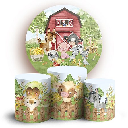 Capas Painel Redondo e Trio Cilindro Sublimado - Fazendinha Aquarela