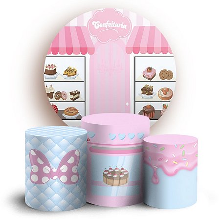Capas Painel Redondo e Trio Cilindro Sublimado - Minnie Confeitaria