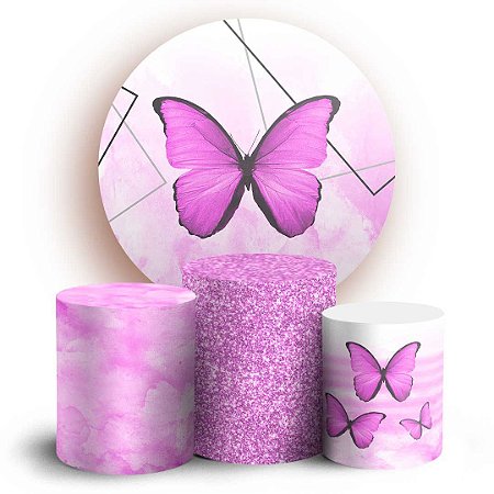 Capas Painel Redondo e Trio Cilindro Sublimado - Borboletas Rosa