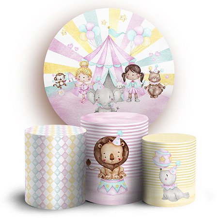 Capas Painel Redondo e Trio Cilindro Sublimado - Circo Rosa Aquarelado