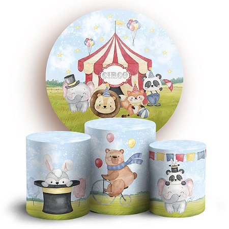 Capas Painel Redondo e Trio Cilindro Sublimado - Circo Animais