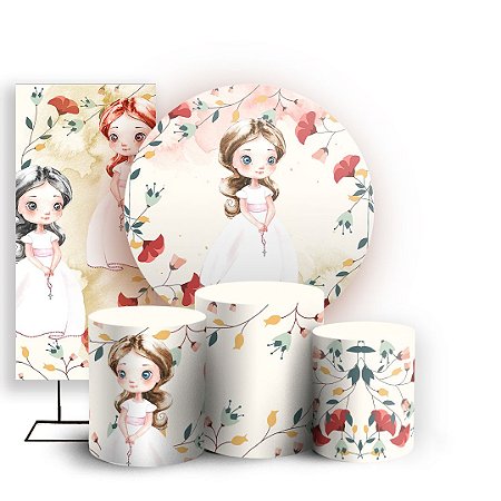 Capas Painel Redondo Trio Cilindro e Faixa Lateral Sublimado - Primeira Comunhão