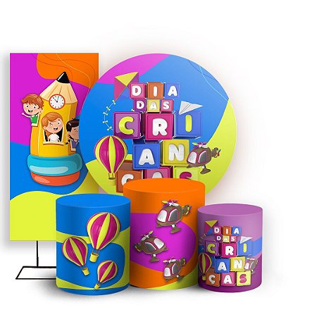 Capas Painel Redondo Trio Cilindro e Faixa Lateral Sublimado - Dia das Crianças
