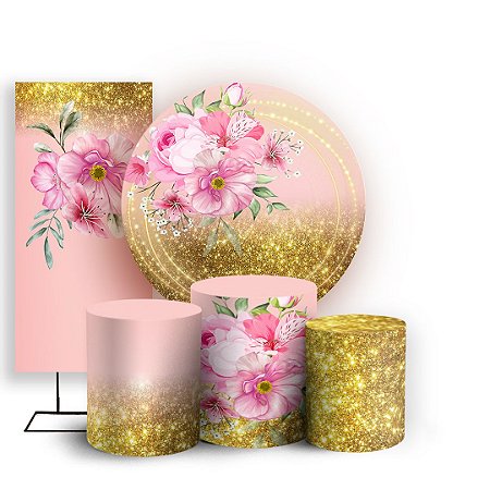 Capas Painel Redondo Trio Cilindro e Faixa Lateral Sublimado - Floral Rosa