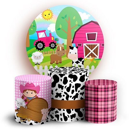 Capas Painel Redondo e Trio Cilindro Sublimado - Fazendinha Rosa
